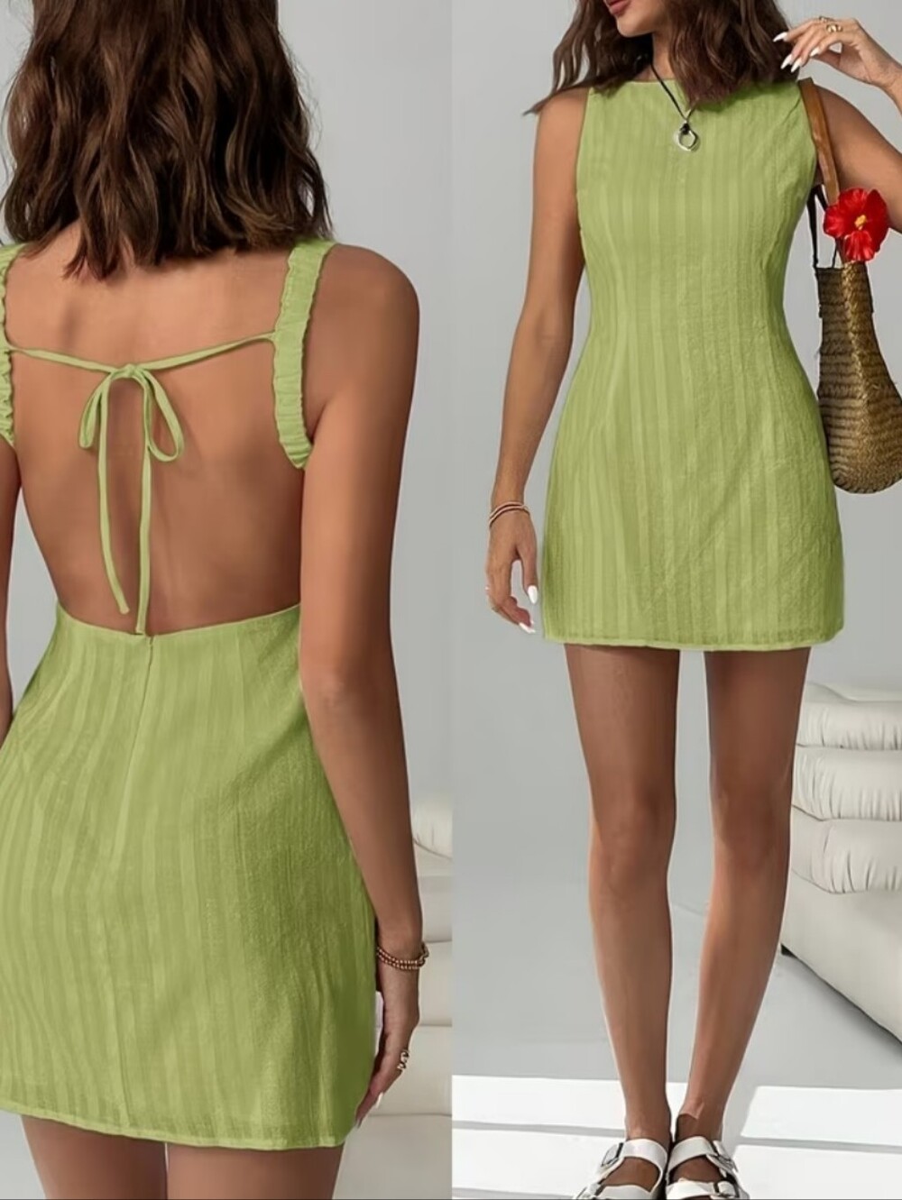 Sleeveless Green Textured Sheath Dress